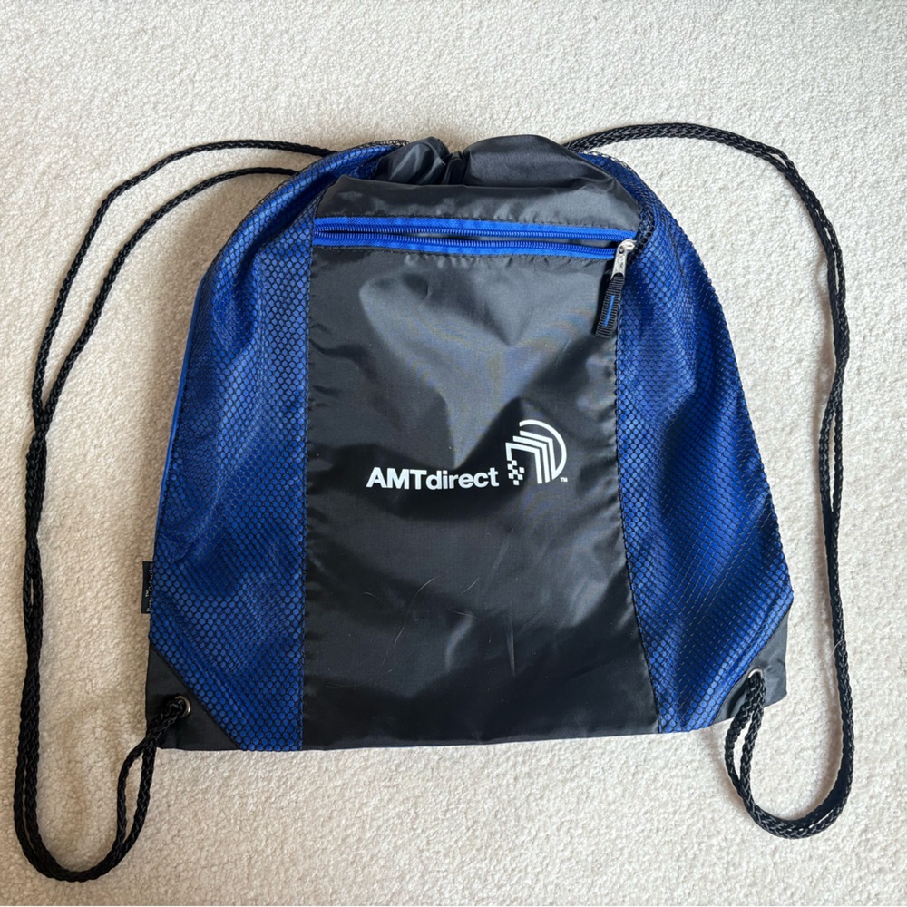 Blue and Black Drawstring Bag Backpack Gym Bag Sporty Athletic Mesh Colorblock